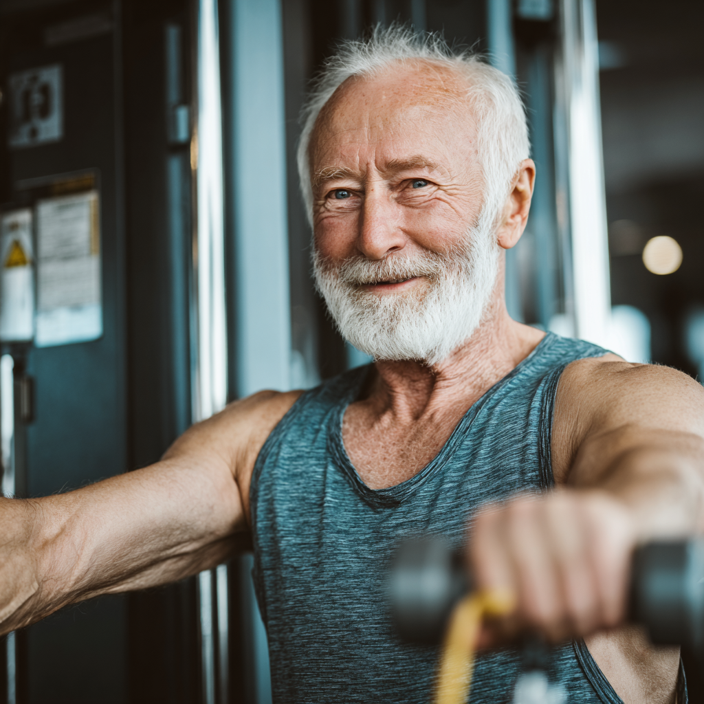 Усміхнена літня європейська жінка виконує природні вправи з використанням гравітації в затишному фітнес-просторі