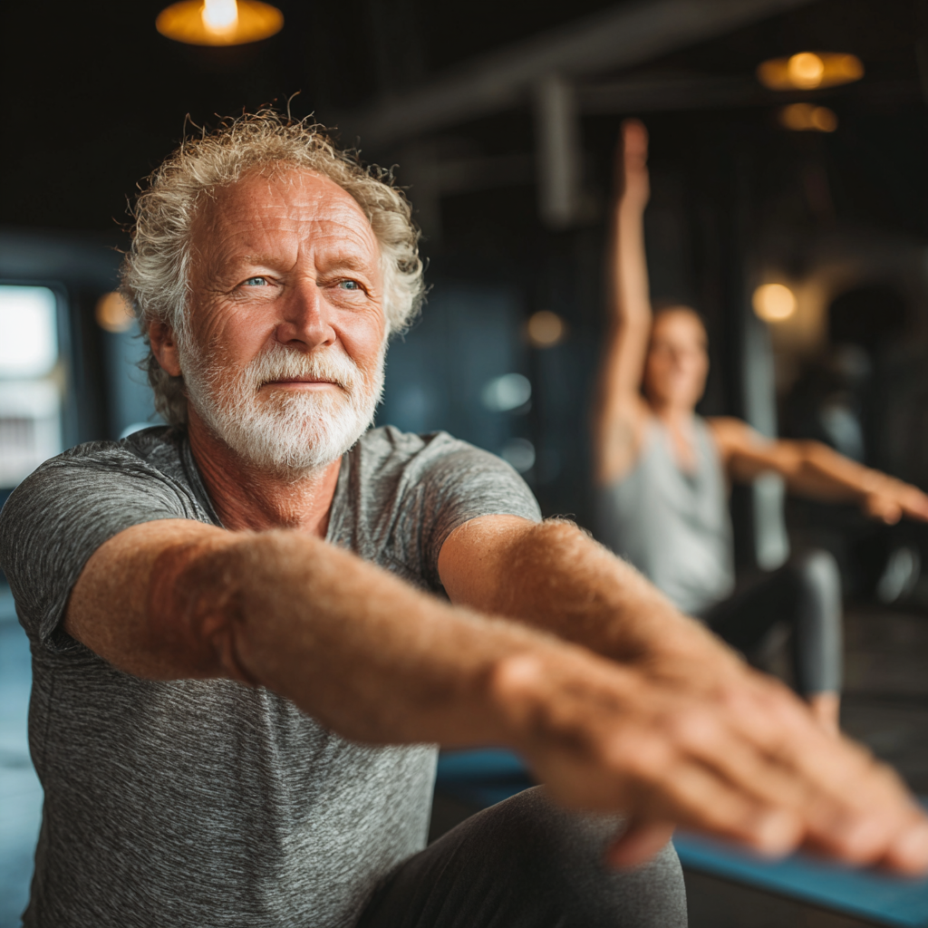 Усміхнений літній європейський чоловік демонструє вправи на баланс та стабільність в природному середовищі