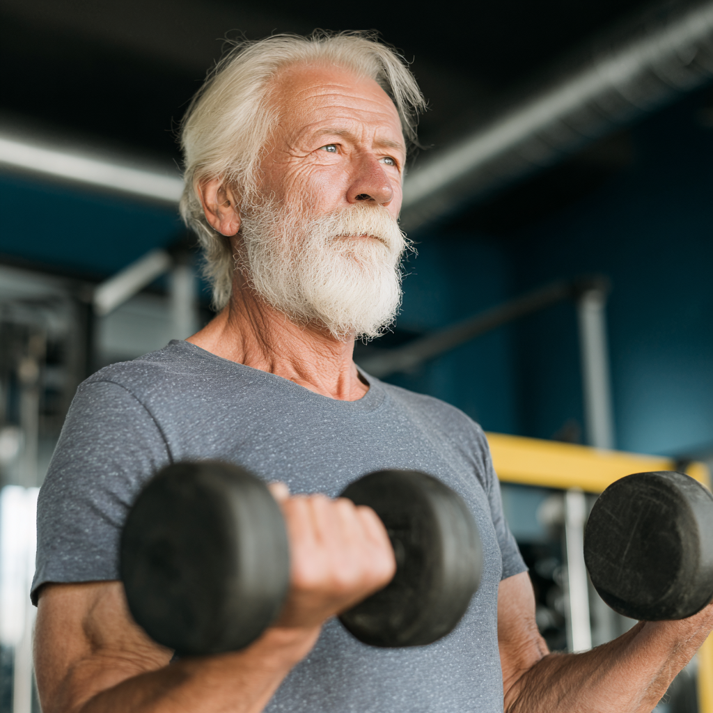 Спокійна літня європейська жінка виконує дихальні вправи на свіжому повітрі в оточенні природи